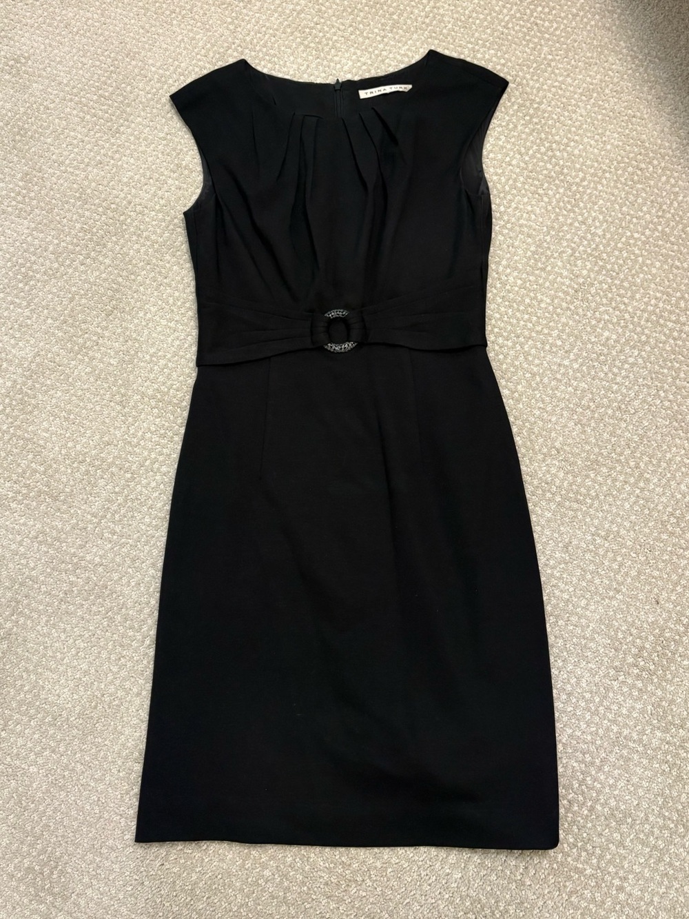 Trina Turk Black Sleeveless Midi Sheath Dress with Decorative Waist Buckle